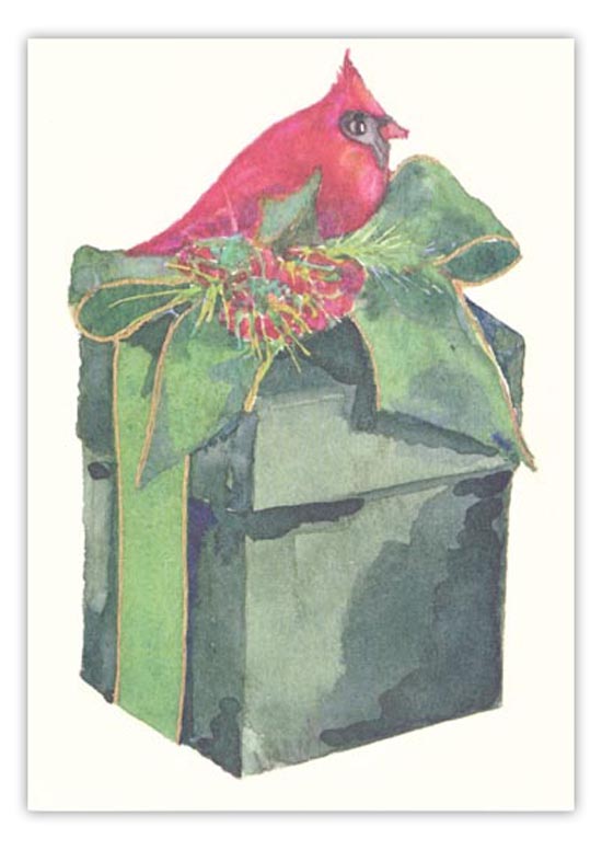 Red Bird Atop Green Box Christmas Card